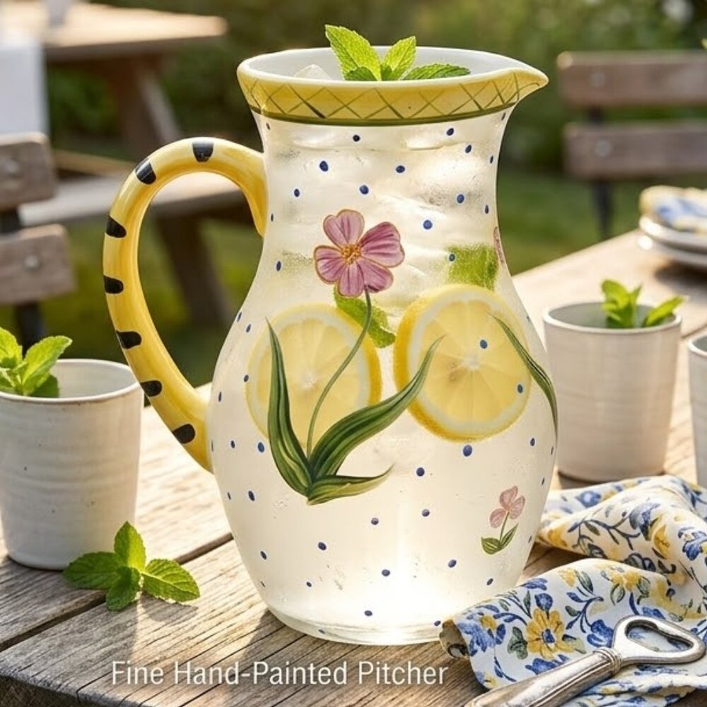 Flora Hand Painted Glass Pitcher 64 oz. Floral VTG Coastal Cottage Grandmother